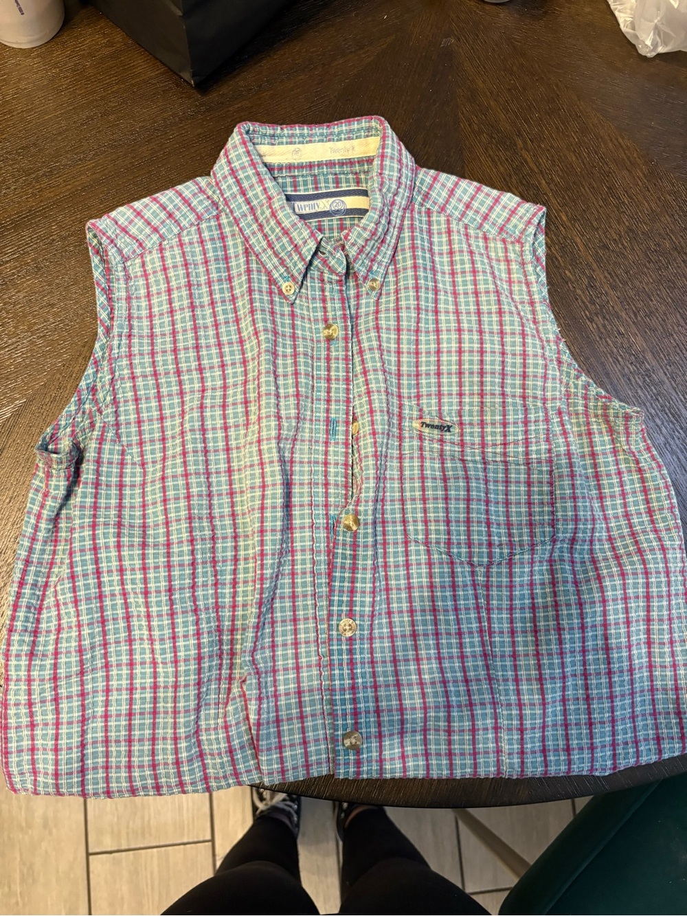 Pink and Teal Plaid Sleeveless Button-Down Shirt